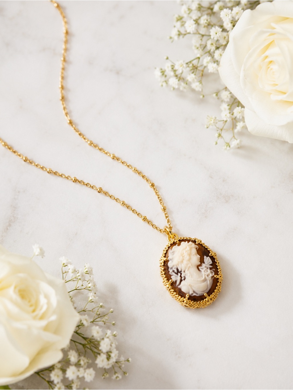 Gold Cameo Pendant Necklace - White and Brown Vintage-Style Cameo